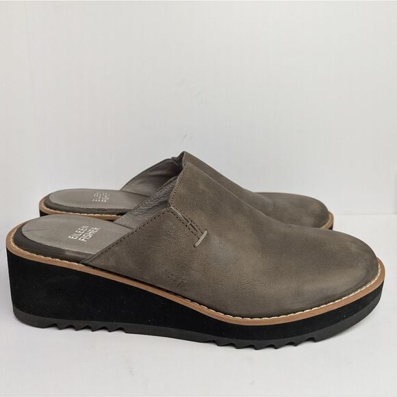 Eileen Fisher Loti Taupe Leather Platform Clog Mules Slip On Womens 6.5 - Picture 3 of 5